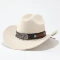 Western felt cowboy hat with leather band and metal bull skull buckle for outdoor fashion style. - Adult 57cm / Beige