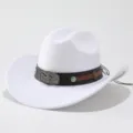 Classic white wool felt western cowboy hat with brown leather band and vintage metal bull buckle. - Adult 57cm / White
