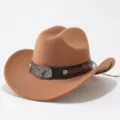 Detailed view of the brown felt western cowboy hat featuring a leather band and metal bull buckle. - Adult 57cm / Khaki