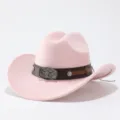 Charming pink wool felt cowboy hat featuring a vintage brown belt and metal bull skull buckle. - Adult 57cm / Pink