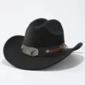 Detailed close-up of the black wool felt cowboy hat featuring metal bull skull buckle detail. - Adult 57cm / Black