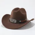 Brown western cowboy hat detail featuring bull skull metal buckle and stylish leather belt decor. - Adult 57cm / Coffee