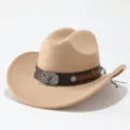 Close-up detail of western wool felt cowboy hat with leather band and metal bull buckle. - Adult 57cm / Camel