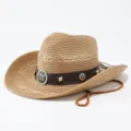 Cappello da cowboy in paglia con fascia in pelle e badge stella, ideale per il sole estivo. - M(56-58cm) / Kaki