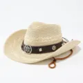 Cappello da cowboy in paglia intrecciata con cintura in pelle marrone e stemma, protezione. - M(56-58cm) / Beige