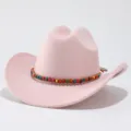 Chapeau de cowboy western en laine rose avec detail bande de perles colorees pour la mode. - M (56-58cm) / Rose