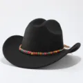 Close-up detail of black felt western cowboy hat with colorful beaded decorative rope band. - M (56-58cm) / Black