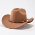 Brown wool felt cowboy hat with colorful beaded band stylish western jazz hat detail view - M (56-58cm) / Brown