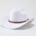 Chapeau de cowboy en feutre blanc avec tresse de perles colorees chapeau de jazz western - M (56-58cm) / Blanc