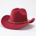 Woolen western cowboy hat detail, stylish red felt hat with colorful beaded band for women - M (56-58cm) / Burgundy