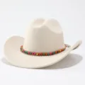 Close-up detail of the colorful beaded band and felt texture on the stylish western hat. - M (56-58cm) / Beige