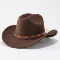 Chapeau de cowboy western en feutre de laine marron rétro avec bande en cuir et rivets turquoise. - M (56-58cm) / Café
