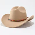 Detailed view of a stylish felt cowboy hat featuring colorful beaded band and rolled brim design. - M (56-58cm) / Camel