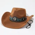 Men's western cowboy hat wide brim leather sun hat with blue rhinestones and star detail. - M (56-58cm) / Brown