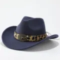 Close-up of navy blue wool felt western cowboy hat featuring leopard print band and bull skull. - Adult 57cm / Navy Blue