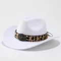 White felt cowboy hat with leopard print band vintage longhorn metal buckle jazz hat detail view - Adult 57cm / White