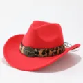 Red wool cowboy hat detail shot featuring leopard print band and vintage metal bull skull buckle. - Adult 57cm / Red