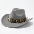 Detail shot of grey felt cowboy hat with leopard print band and metal bull skull buckle. - Adult 57cm / Gray