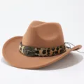 Western style brown wool felt cowboy hat with leopard print band and metal bull skull decor. - Adult 57cm / Khaki