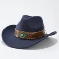 Classic wool felt cowboy hat with turquoise concho leather band for men and women stylish outdoor - Adult 57cm / Navy Blue