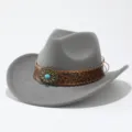 Grey felt cowboy hat close-up, embossed leather band with turquoise stone and metal studs - Adult 57cm / Gray
