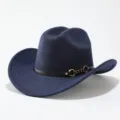 Navy blue felt cowboy hat detail featuring a black leather band and stylish metal chain buckle. - Adult 57cm / Navy Blue