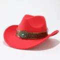 Close-up detail of red felt western cowboy hat with embossed leather band and turquoise decor. - Adult 57cm / Red