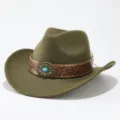 Army green wool felt cowboy hat detail, retro western style with leather band and turquoise stone. - Adult 57cm / Army Green
