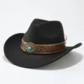 Detailed view of black wool felt cowboy hat with vintage turquoise leather band and studs. - Adult 57cm / Black