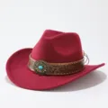 Red wool felt cowboy hat with embossed leather band turquoise concho western jazz fedora cap - Adult 57cm / Burgundy