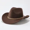 Classic brown western cowboy hat with metal chain detail, vintage fedora for men and women. - M (56-58cm) / Coffee