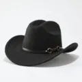 Classic black wool cowboy hat detail, featuring a stylish leather strap with metallic horsebit accent. - Adult 57cm / Black