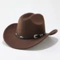 Cappello fedora in lana marrone retrò con cintura in pelle nera e fibbia argentata. - M（56-58cm） / Caffè