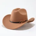 Brown felt cowboy hat detail, wide upturned brim, black leather belt, gold metal buckle accent. - Adult 57cm / Khaki