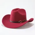 Wine red wool felt western cowboy hat with black leather and gold metal horsebit detail. - Adult 57cm / Burgundy