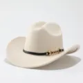 Womens fashion felt western cowboy hat with metal chain strap, chic retro fedora cap. - Adult 57cm / Beige
