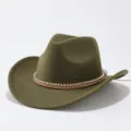 Olive green western cowboy hat with braided leather band and gold bead chain for daily wear. - M (56-58cm) / Army Green