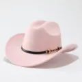 Pink wool western cowboy hat with black leather strap and gold ring buckle for women. - Adult 57cm / Pink
