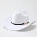 White felt western cowboy hat with black strap and gold metal buckle for women fashion. - Adult 57cm / White