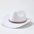 Detail shot of white western cowboy hat, braided brown leather and beaded band, curved brim. - M (56-58cm) / White