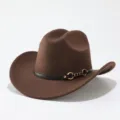 Brown felt western cowboy hat detail featuring black leather band and gold metal horsebit accent. - Adult 57cm / Coffee