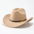 Khaki felt western cowboy hat with black leather band and metal buckle detail closeup view. - Adult 57cm / Camel