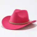 Pink western cowboy hat detail, stylish rhinestones and braided band, retro aesthetic. - M (56-58cm) / Rose Red