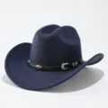 Cappello fedora in lana blu scuro classico con cintura in pelle nera e fibbia in metallo. - M(56-58cm) / Blu navy