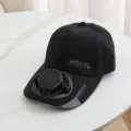 Primo piano dettagliato del berretto da baseball nero con ventola solare e mini ventola. - Nero