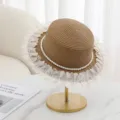 Chapeau de paille plat français pour femmes avec bande de perles et bord en dentelle été - M (56-58cm) / Kaki