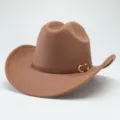 Classico cappello da cowboy western in feltro marrone con sottile cintura in pelle e fibbia. - 56-58cm / Kaki