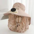 Detailed view of floral print sun hat showcasing solar powered cooling fan and face flap. - Khaki
