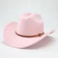 Cappello da cowboy western rosa con cintura marrone e fibbia dorata, elegante fedora in feltro. - 56-58cm / Rosa