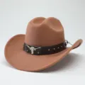 Cappello da cowboy occidentale in feltro di lana con fascia in pelle e teschio di toro. - 56-58cm / Kaki